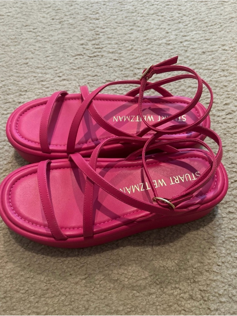 Stuart Weitzman Bright Pink Strappy Slingback Sandals - Picture 2 of 6